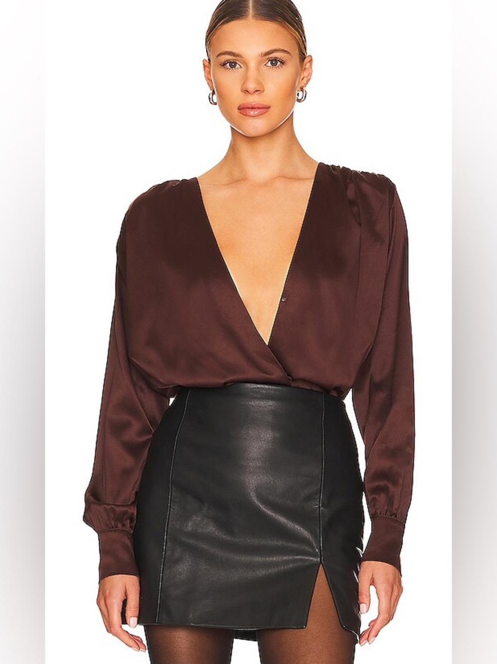 Steve Madden Tamaira Dark Chocolate Brown Vneck Bodysuit Top S Fall Neutral Glam